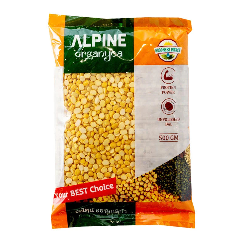 ALPINE Chana Dal 500g package showing dried yellow split chickpeas in a clear plastic bag.