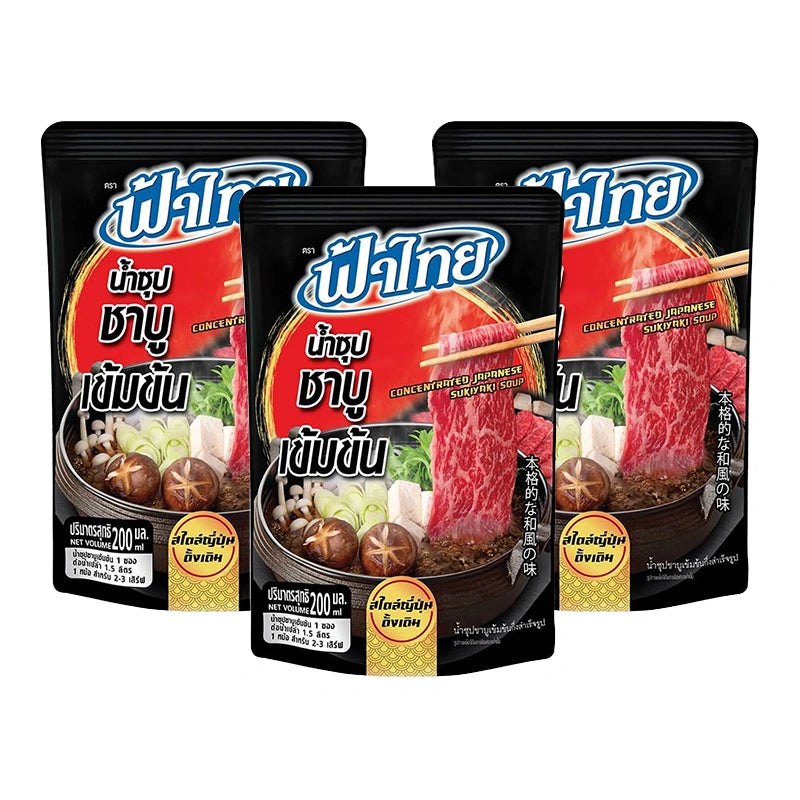 FATHAI Shabu Soup 200 ml bottles, three-pack, featuring clear broth and ingredients for traditional Asian hot pot cooking.