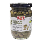 SIS Capers in Brine 245g jar, close-up of green capers in glass jar with label, dry grocery product for culinary use