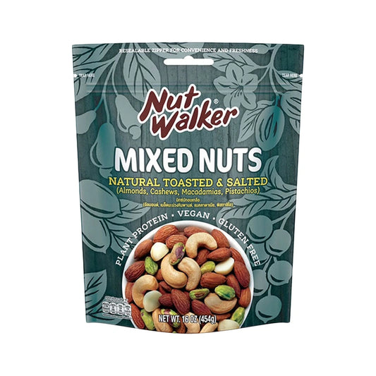 Mixed nuts in a clear bowl featuring NUT WALKER brand mixed nuts, showcasing a variety of almonds, cashews, and walnuts.