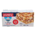 Dry Agnesi Lasagne No.87 pasta, 500g package, Italian brand AGNESI, showing uncooked lasagne sheets in a transparent bag.