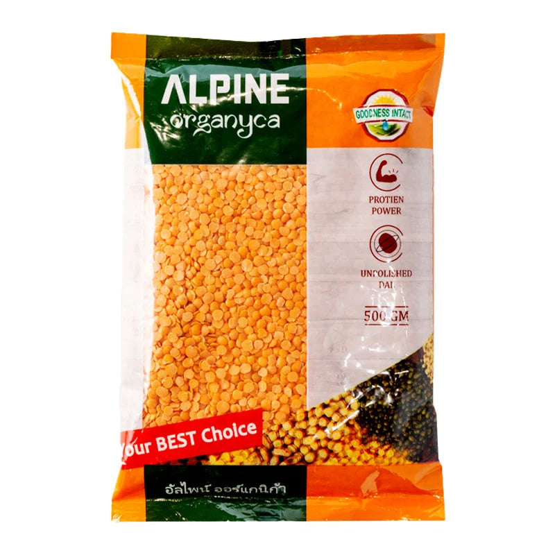 ALPINE Masoor Dal 500g package with red lentils in a clear plastic bag, ready for cooking and healthy meals
