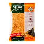 Alpine Masoor Dal 500g, dry red lentils in a clear plastic bag, ready for cooking in Indian cuisine.