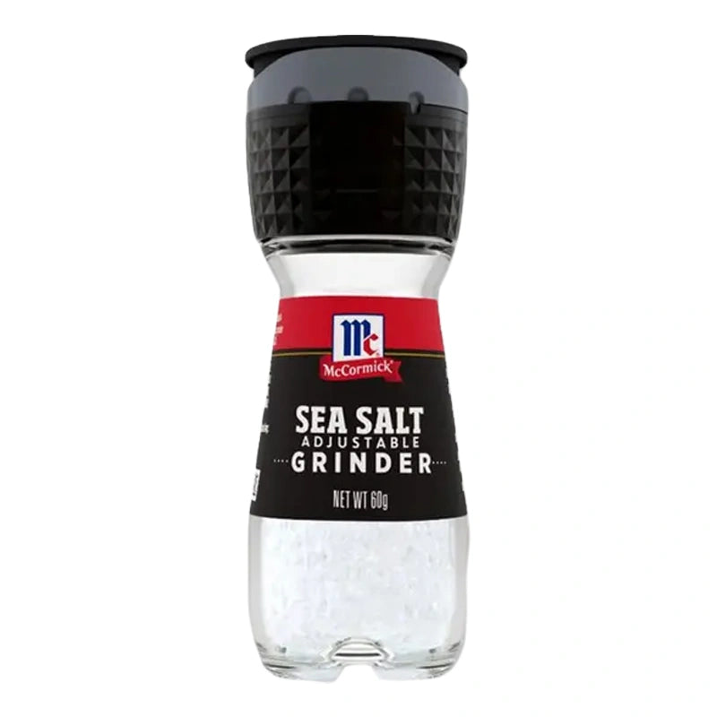 McCormick sea salt grinder with 60g of coarse sea salt in a clear plastic grinder for seasoning dishes.