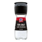 Mccormick Sea Salt Grinder 60g with black plastic body and clear window showing coarse sea salt inside, used for seasoning.