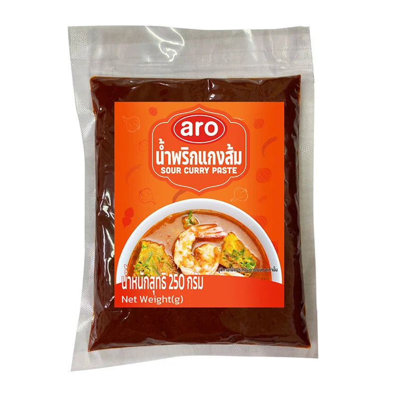 ARO Sour Curry Paste 250g jar with a vibrant label, showcasing the spicy and tangy curry paste inside