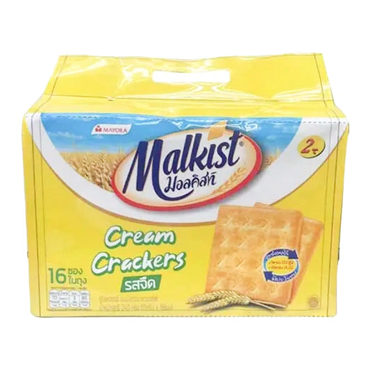 Malkist Cracker Cream 13g pack, 16 pieces, crisp cream-filled crackers in a colorful box.