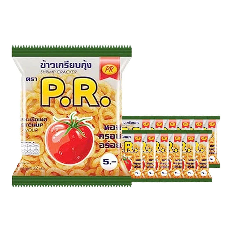 PR Prawn Cracker Ketchup snack pack, 22g x 12, with crispy prawn crackers and tangy ketchup flavor in a colorful package.