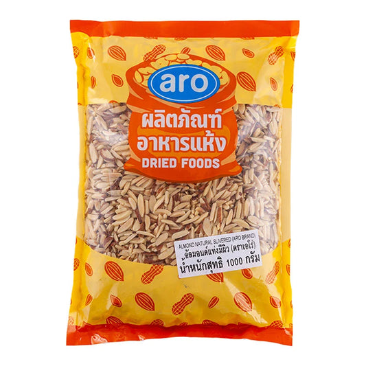 A close-up of ARO Natural Slivered Almonds in a clear bowl, showing thin, light-colored almond slivers on a white background.