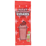 Sainsbury's Fizzy Strawberry Straws Sweets, colorful confectionery snacks with a fizzy strawberry flavor, in a clear bag.