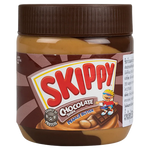 Creamy Skippy Chocolate Peanut Butter jar with label visible, showcasing the popular grocery product on a neutral background.