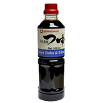 Bottle of Yamamori Tsuyu Japanese dipping sauce for sushi and tempura, featuring clear liquid and label with Japanese characters.