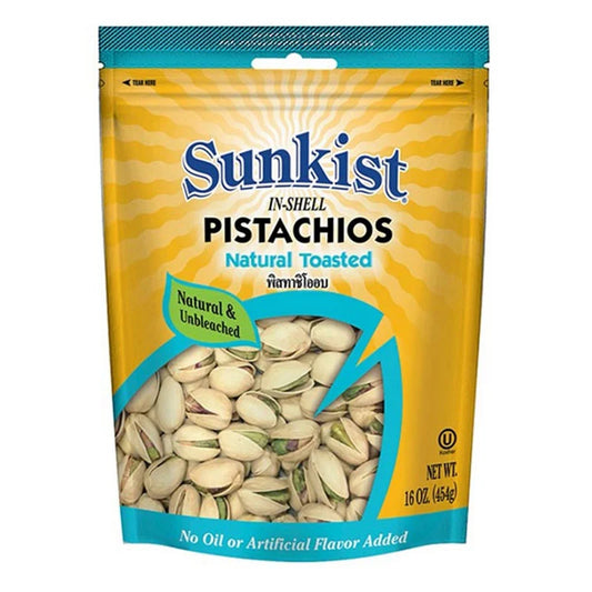 Sunkist Natural Pistachios 454g in a clear bowl, showcasing shelled green pistachios ready to eat