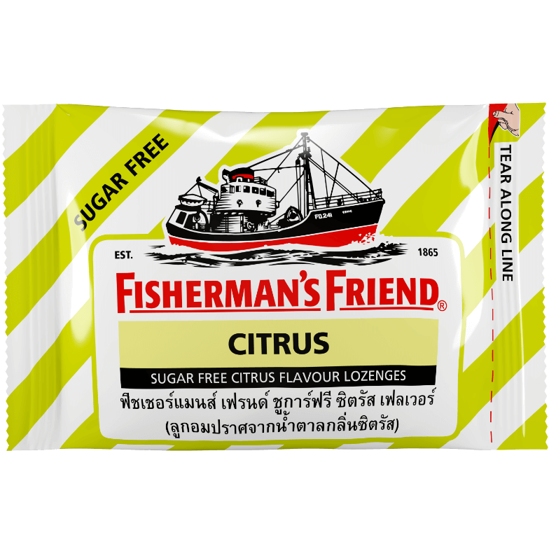 Fisherman's Friend Sugar Free Citrus lozenges, healthy confectionery snacks with a bright citrus flavor, in a resealable pack.
