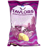 Taylors Fiery Pickled Onion Ridge Cut Potato Crisps in a colorful bag with ridged potato chips visible.