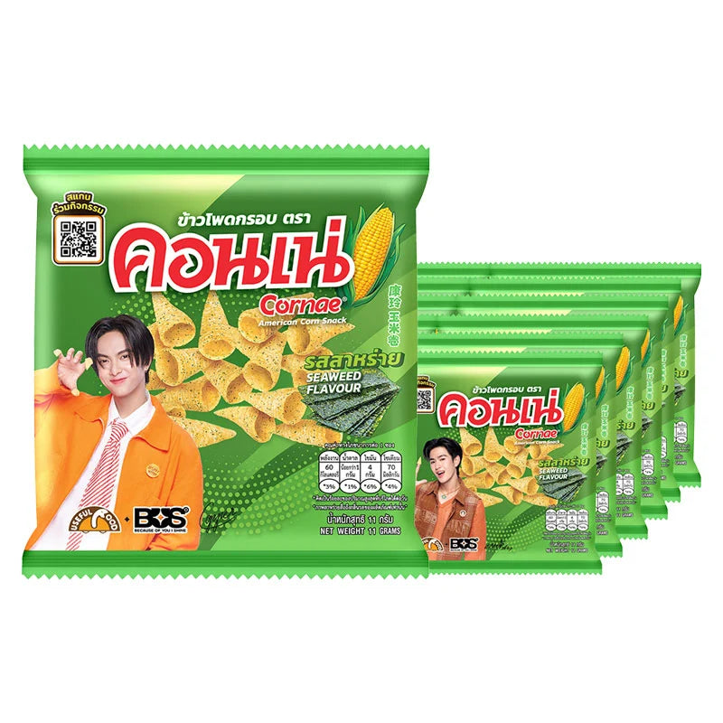 Cornae Corn Snack Seaweed Flavor, 11g pack, showing crispy corn snack with seaweed seasoning in colorful packaging.