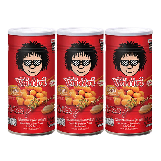 KOHKAE BBQ Peanuts 200g pack showing roasted peanuts with BBQ seasoning in a clear bag, three packs stacked together.