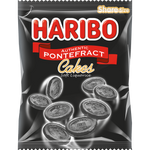 Haribo Pontefract Cakes confectionery snacks in a colorful bag, showcasing the chewy, fruit-flavored licorice candies.