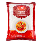 ARO Monosodium Glutamate 1kg in a clear plastic bag, showing the white crystalline seasoning used in cooking and flavor enhancement.