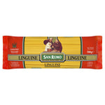 San Remo Linguine pasta in a clear grocery package, showcasing long, thin pasta strands ready for cooking.