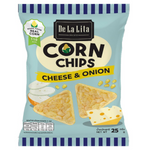 Delalita cheese and onion corn chips, crunchy snack with cheese and onion flavor, in colorful packaging.
