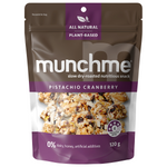Munchme Pistachio Cranberry confectionery snacks in a clear bag with pistachios and dried cranberries visible inside.
