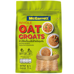 Whole oat groats from McGarrett grocery brand, showing the light brown, unprocessed oat kernels in a clear container.