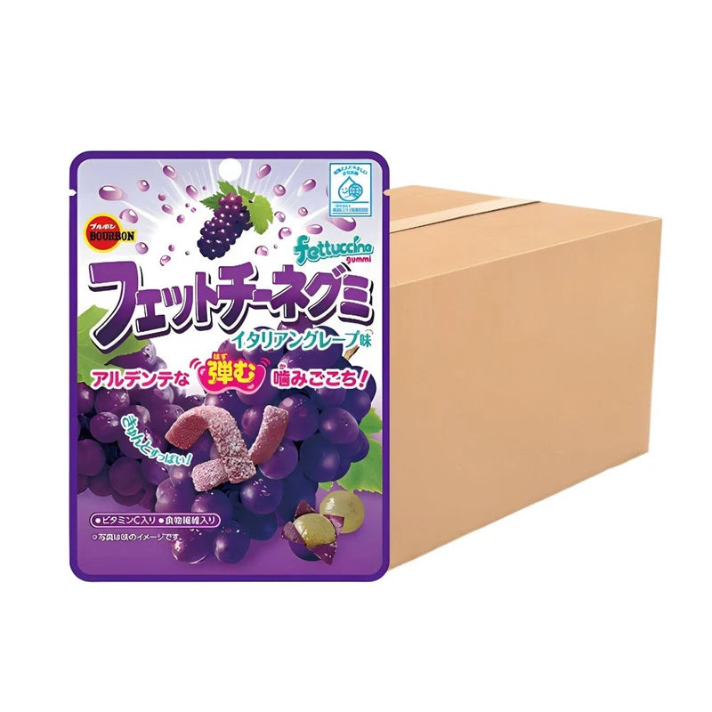 Bourbon Fettuccine Gummy candies in Italian grape flavor with Vitamin C, shown in a 50g pack with multiple packs in the image.