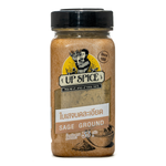 Ground sage from United, a fresh green herb in a clear container, ideal for cooking and seasoning dishes.