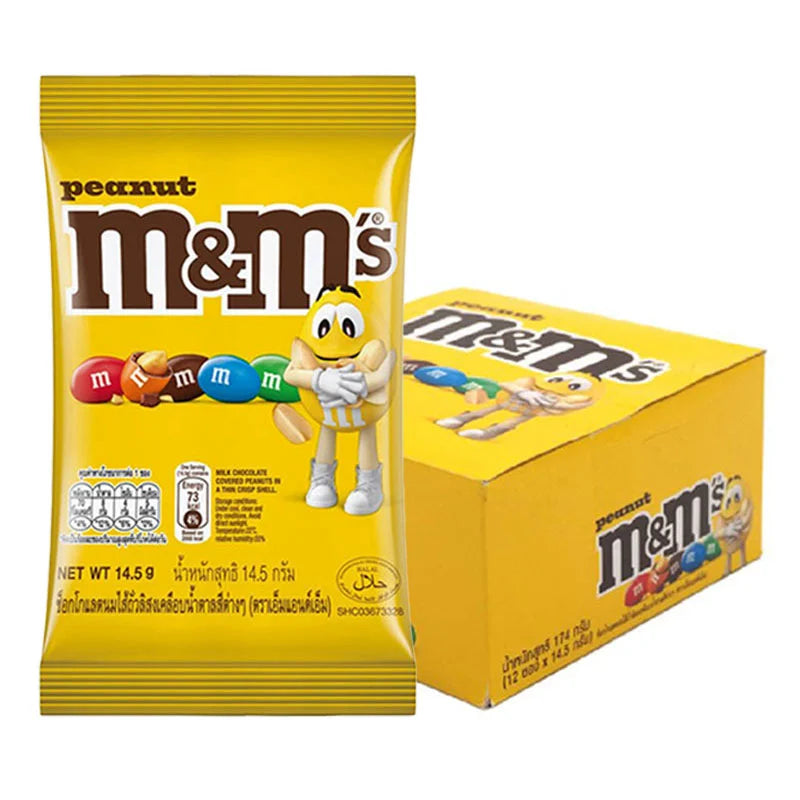 Bag of M&M Chocolate Peanut candies, showing colorful coated chocolate and peanuts in a clear bag.