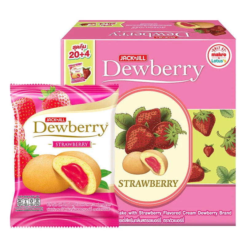 Dewberry Strawberry Cake 15g x 24 packages with sliced strawberries and cake slices on a plate, close-up view.