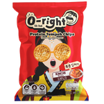 O-Right Protein Tempeh Chips with Kimchi flavor, showing crispy snack pieces topped with spicy fermented kimchi bits.