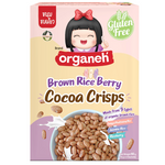 Organeh Cocoa Crisps Brown Rice Berry cereal in a bowl with berries and milk, showcasing the healthy, chocolate-flavored breakfast option.
