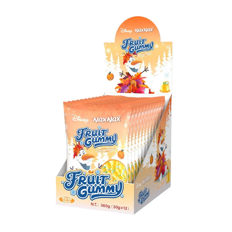 NAXNAX Fruity Gummy Orange candies in a clear bag, showing bright orange gummy bears with cheerful fruit design.