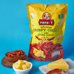 Papa-T Cheese Flavor Crispy Chili snack in a bright package, showcasing crunchy, cheesy, and spicy confectionery treats.