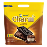 Julie's Charm Tiramisu Sandwich, a confectionery snack with layered tiramisu flavor in a biscuit sandwich.