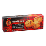 Walkers Butter Shortbread Choc Chips confectionery snack with buttery shortbread cookies topped with chocolate chips, close-up view.