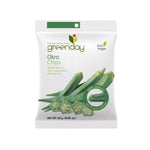 Greenday Okra Chips, natural snack of crispy, golden-green okra slices in a transparent bag, ready to enjoy.