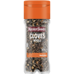 Whole cloves from Masterfoods, aromatic dried spice in a clear jar, used for cooking and baking.