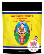 Deksomboon Soy Sauce Tablet 60g, dry grocery product from DEKSOMBOON, showing a close-up of the soy sauce tablets in a clear package.