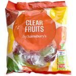 Sainsbury's Clear Fruits confectionery snacks featuring colorful, translucent fruit-shaped candies in a clear package.