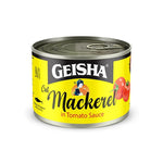 Canned Geisha Cut Mackerel in Tomato Sauce, 170g, featuring mackerel fillets in rich tomato sauce in a dry grocery can