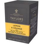 A glass of Taylors Lemon Orange Black Tea with citrus slices, showcasing the dark-colored tea in a clear glass.