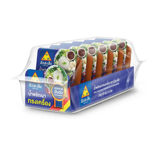 Chua Hah Seng full flavor chili paste 20g packs, showing vibrant red chili paste in clear containers with brand label.