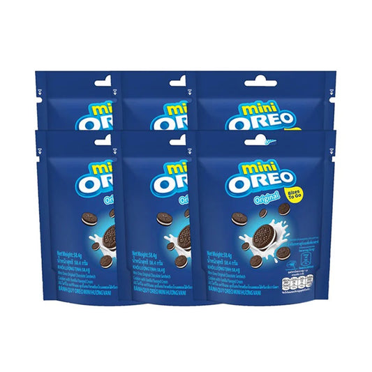 OREO Mini Cookies Vanilla Cream flavor in a 61.3g pack, showing stacked cookies with vanilla cream filling.