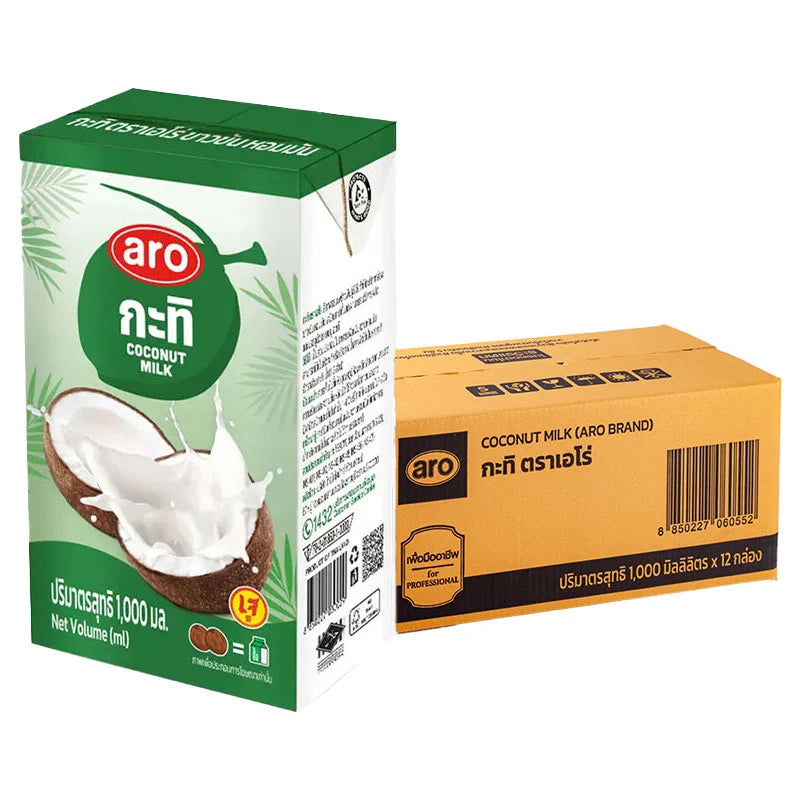 A 1-liter carton of ARO Coconut Milk, showing the packaging with coconut imagery and product branding.