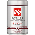 Illy dark roast coffee beans in a glass jar, showcasing their rich, oily surface and deep brown color for a flavorful brew.