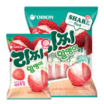 Orion Lychee Ball Jelly snack in 216g pack, featuring colorful lychee-flavored chewy candies in a clear bag.
