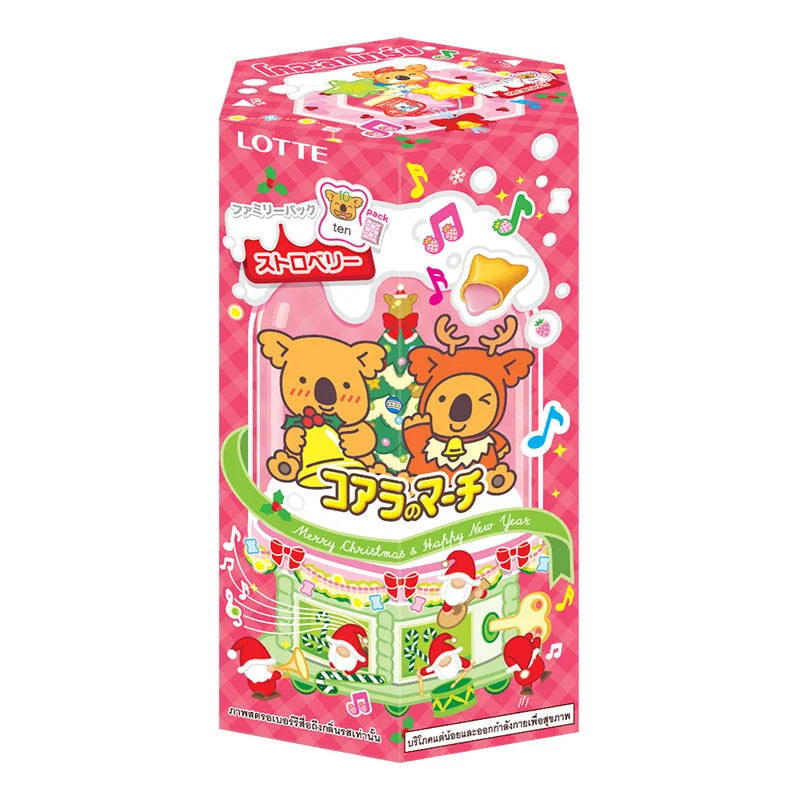Koala's March Strawberry Biscuit pack featuring cartoon koalas on the packaging, 195g of crunchy strawberry-flavored biscuits.