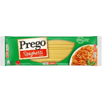 A close-up of Prego Spaghetti Pasta in a clear package, showcasing long, thin pasta strands ready for cooking.